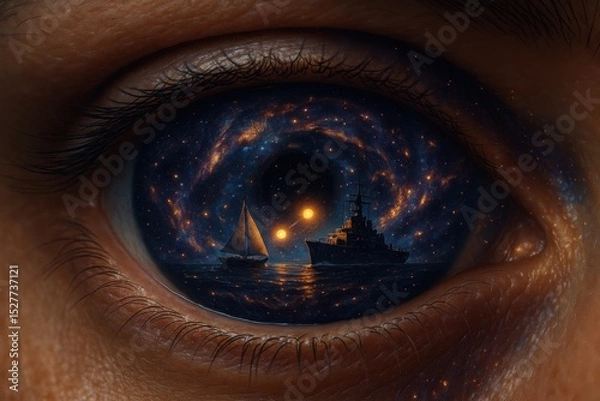 Obraz Eye reflects trade between democratic nation and authoritarian country with vessels sailing a starry sky