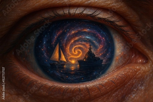 Obraz Human eye reflecting a sailboat and battleship sailing toward each other during a stellar twilight