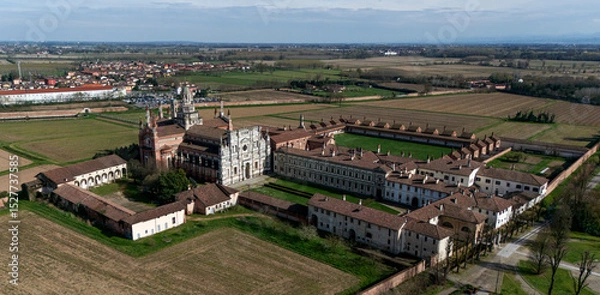 Obraz Aerial view of the Certosa di Pavia, built in the late fourteenth century, courts and the cloister of the monastery and shrine in the province of Pavia, Lombardia, Italy