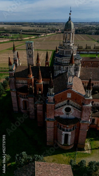 Obraz Aerial view of the Certosa di Pavia, built in the late fourteenth century, courts and the cloister of the monastery and shrine in the province of Pavia, Lombardia, Italy