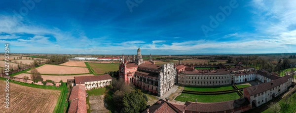 Obraz Aerial view of the Certosa di Pavia, built in the late fourteenth century, courts and the cloister of the monastery and shrine in the province of Pavia, Lombardia, Italy