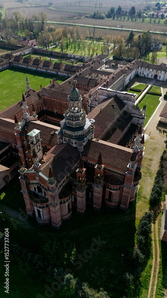 Obraz Aerial view of the Certosa di Pavia, built in the late fourteenth century, courts and the cloister of the monastery and shrine in the province of Pavia, Lombardia, Italy