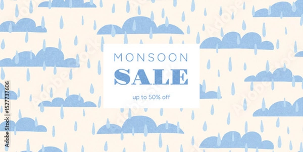 Obraz Seamless Pattern of Blue Clouds and Raindrops with Central Monsoon Sale Text. Hand Drawn Flat Vector Illustration for Rainy Season Promotion Poster, Banner, Wrapping or Background Design.