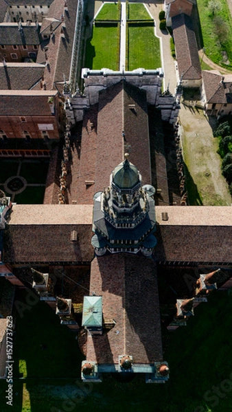 Obraz Aerial view of the Certosa di Pavia, built in the late fourteenth century, courts and the cloister of the monastery and shrine in the province of Pavia, Lombardia, Italy