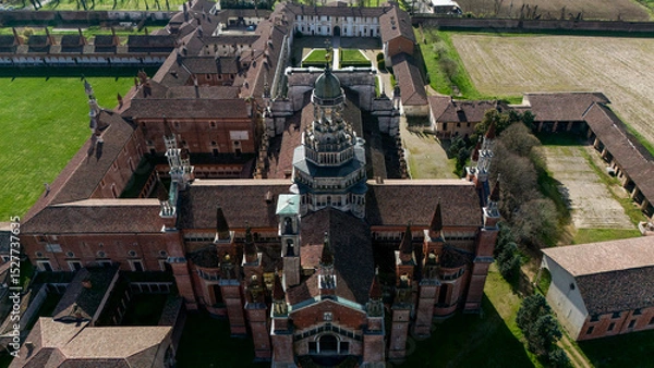 Obraz Aerial view of the Certosa di Pavia, built in the late fourteenth century, courts and the cloister of the monastery and shrine in the province of Pavia, Lombardia, Italy
