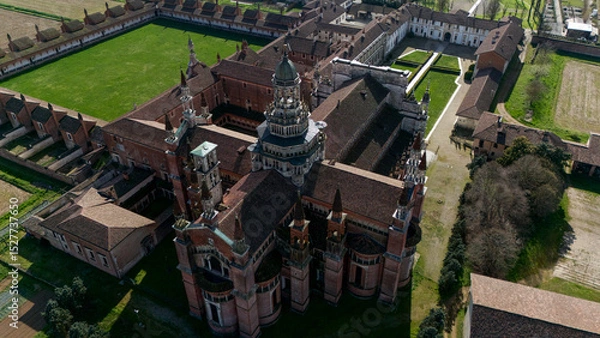 Obraz Aerial view of the Certosa di Pavia, built in the late fourteenth century, courts and the cloister of the monastery and shrine in the province of Pavia, Lombardia, Italy