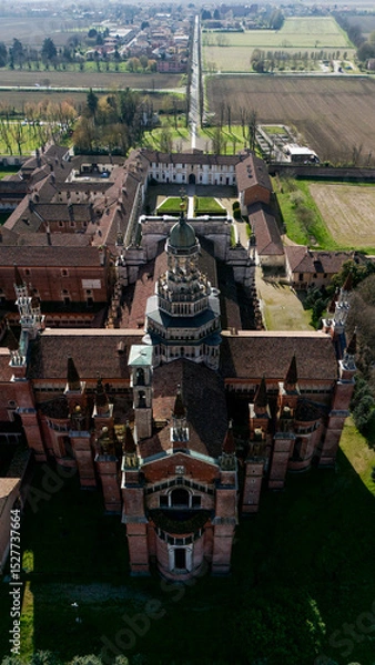 Obraz Aerial view of the Certosa di Pavia, built in the late fourteenth century, courts and the cloister of the monastery and shrine in the province of Pavia, Lombardia, Italy
