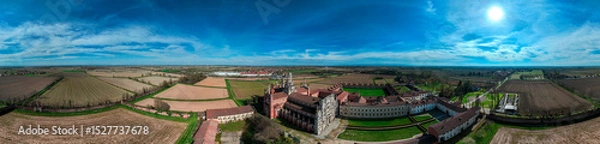 Obraz Aerial view of the Certosa di Pavia, built in the late fourteenth century, courts and the cloister of the monastery and shrine in the province of Pavia, Lombardia, Italy
