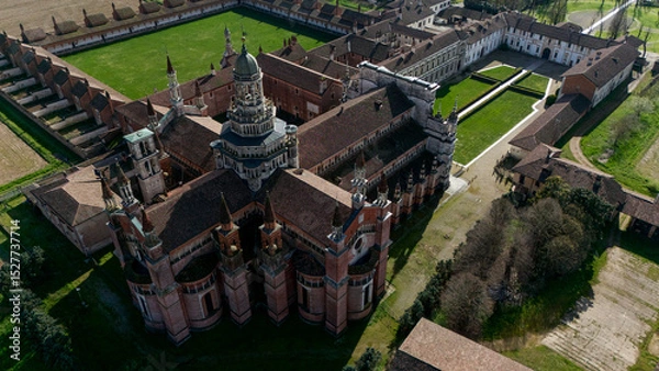 Obraz Aerial view of the Certosa di Pavia, built in the late fourteenth century, courts and the cloister of the monastery and shrine in the province of Pavia, Lombardia, Italy