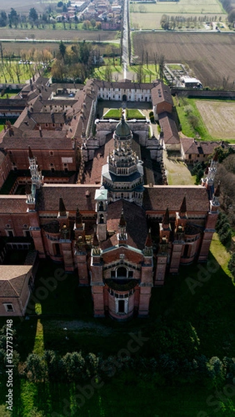 Obraz Aerial view of the Certosa di Pavia, built in the late fourteenth century, courts and the cloister of the monastery and shrine in the province of Pavia, Lombardia, Italy