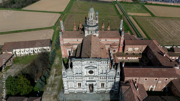 Obraz Aerial view of the Certosa di Pavia, built in the late fourteenth century, courts and the cloister of the monastery and shrine in the province of Pavia, Lombardia, Italy