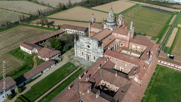 Obraz Aerial view of the Certosa di Pavia, built in the late fourteenth century, courts and the cloister of the monastery and shrine in the province of Pavia, Lombardia, Italy