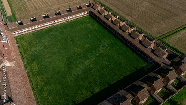 Obraz Aerial view of the Certosa di Pavia, built in the late fourteenth century, courts and the cloister of the monastery and shrine in the province of Pavia, Lombardia, Italy