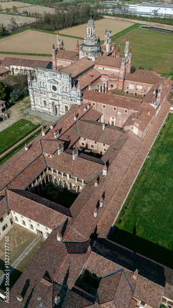 Obraz Aerial view of the Certosa di Pavia, built in the late fourteenth century, courts and the cloister of the monastery and shrine in the province of Pavia, Lombardia, Italy