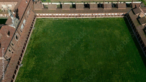Obraz Aerial view of the Certosa di Pavia, built in the late fourteenth century, courts and the cloister of the monastery and shrine in the province of Pavia, Lombardia, Italy