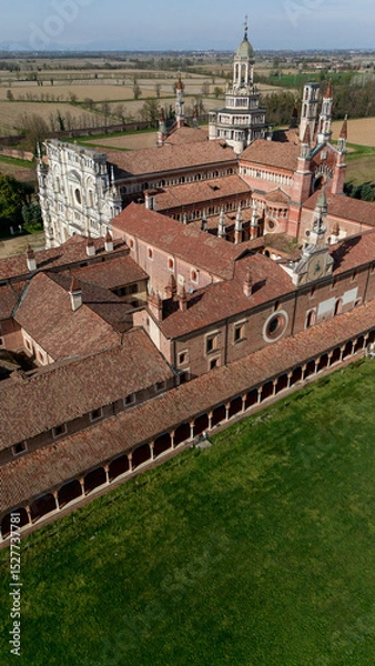 Obraz Aerial view of the Certosa di Pavia, built in the late fourteenth century, courts and the cloister of the monastery and shrine in the province of Pavia, Lombardia, Italy