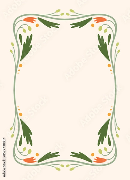 Obraz Vertical Frame with Hand Drawn Floral Border. Spring Botanical Elements with Green Leaves and Orange Flowers. Naive Vector Illustration Design for Card, Invitation, Poster, Certificate