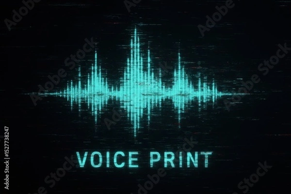 Obraz Voice deepfake technology illustration showing aqua waveform and the words voice print against a dark background
