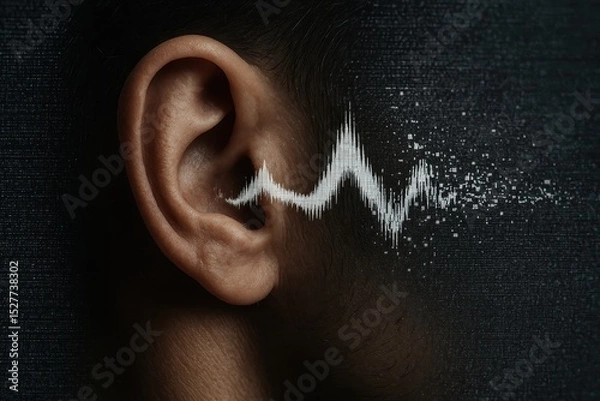 Obraz Close up of a human ear with an audio wave overlay depicting voice cloning or manipulation using Deepfake technology