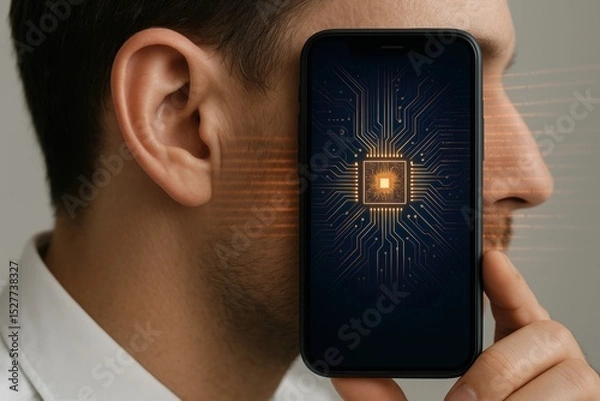 Obraz Man holds a smartphone to his face with digital chip graphic, potentially depicting deepfake technology or voice manipulation