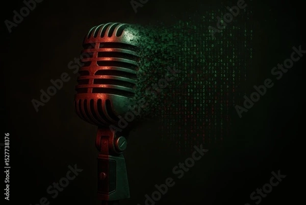 Fototapeta Vintage microphone disintegrating into digital binary code, representing voice Deepfake technology