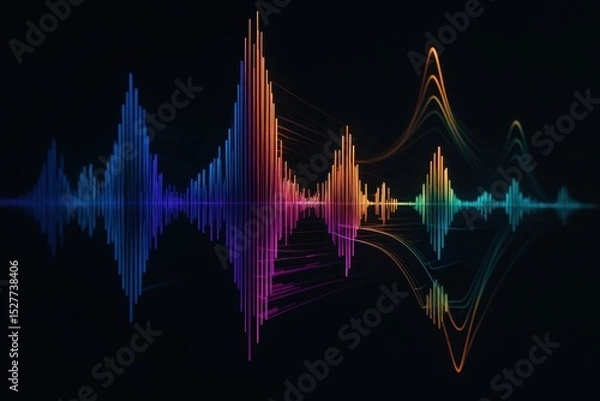 Obraz Colorful voice frequency diagram reflecting on black surface represents sound wave data analysis and deepfake technologies