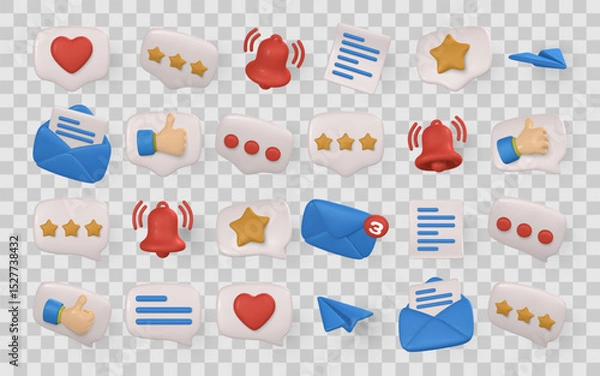 Fototapeta 3D Chat and Message Icons Pack – Speech Bubbles with Heart, Stars, Notification Bell, Email, Paper Plane and Thumbs Up. Perfect for UI/UX and Social Media. Vector Illustration