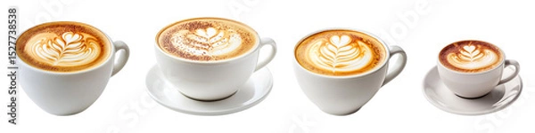 Fototapeta Collection of cups of hot cappuccino coffee, isolated on a transparent background