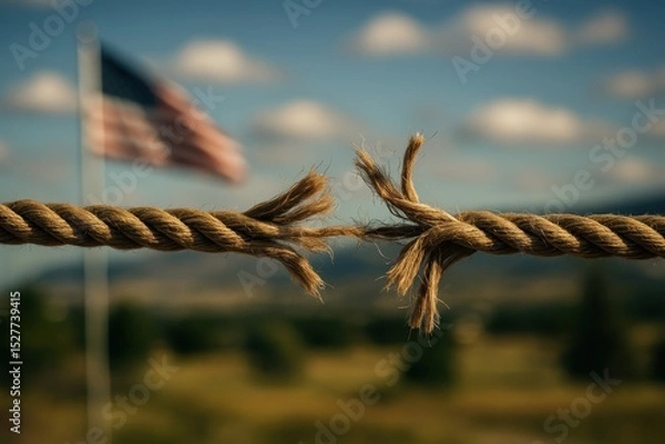 Obraz Broken rope symbolizes division and conflict with the American flag waving in the background outdoors