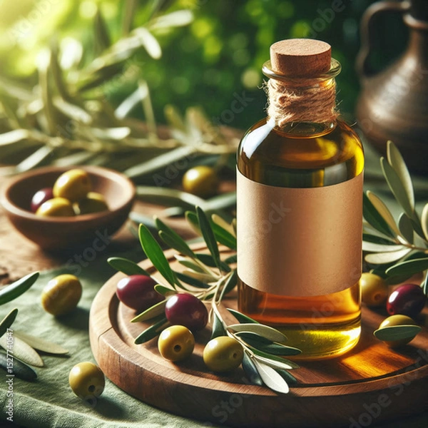 Obraz Glass bottle of olive oil on wooden board with green and black olives and olive branches on table, natural cooking ingredients concept.
