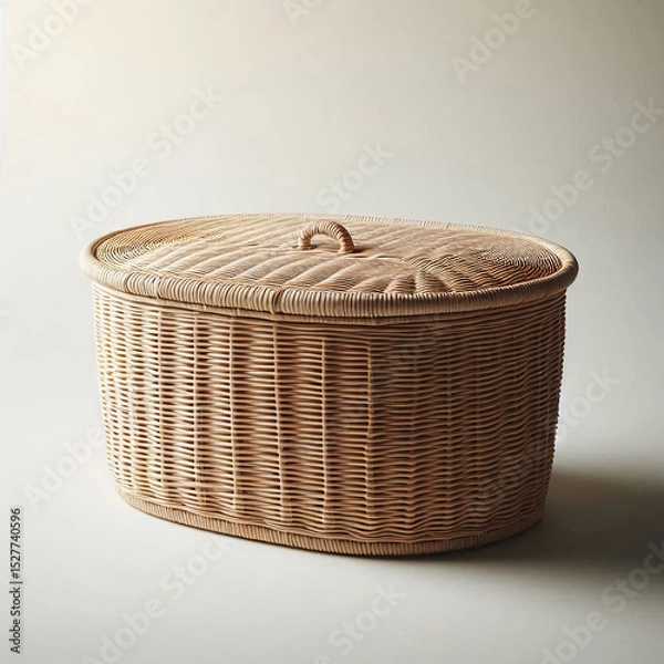 Obraz A woven wicker storage basket with a lid. The basket is oval-shaped and made of natural materials, suitable for organizing items in a home.