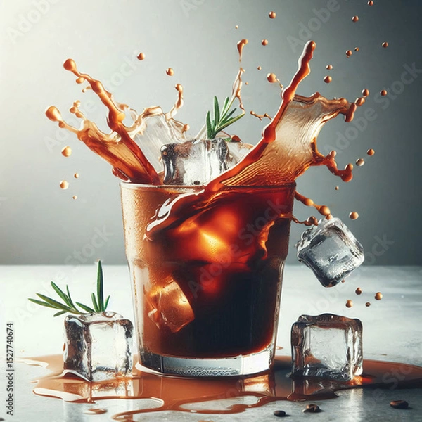Obraz Glass of cola with ice cubes splashing and rosemary sprigs on a reflective surface, beverage concept.