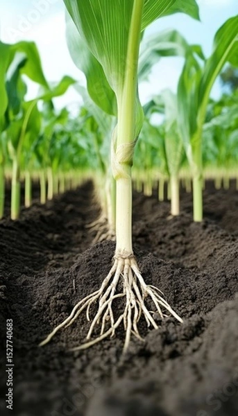 Fototapeta Close-up of Maturing Maize Corn Stalk Revealing Roots and Underground Growth in Lush Soil