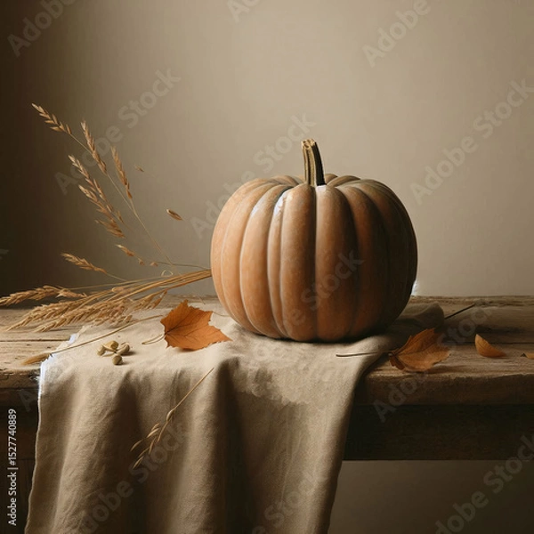 Obraz Orange pumpkin on beige cloth on wooden table with dried leaves and grass, autumn harvest concept.