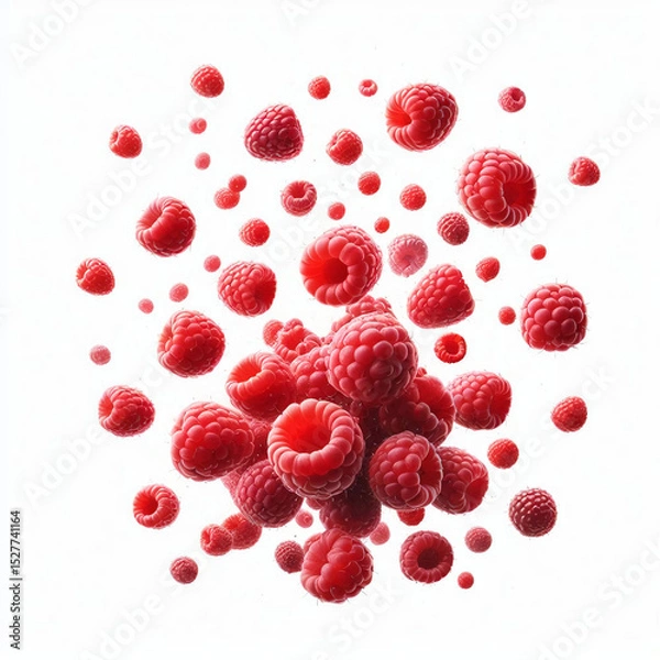 Obraz Multiple fresh red raspberries isolated on white background, close-up of ripe berries, healthy fruit concept.