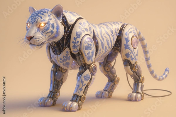 Obraz Mechanical tiger with metallic body and glowing eyes standing on beige background, futuristic robotics concept.