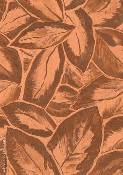 Fototapeta Close-up large ficus leaves painted by hand of brush strokes seamless pattern in trendy brown tones. Artistic botanical leaves drawn by hand for wrapping paper, textile, home decor. 