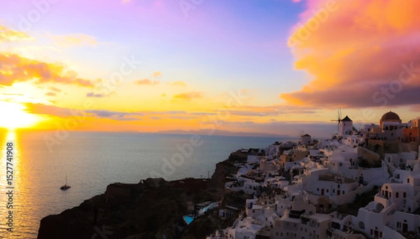 Fototapeta The famous of landscape view point as Sunset sky scene at Oia town on Santorini island, Greece