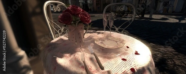 Obraz Romantic dinner setting urban outdoor space still life arrangement close-up view love and connection with roses and champagne