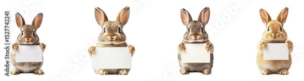 Fototapeta Collection of cute rabbits holding blank signs, isolated on a transparent background