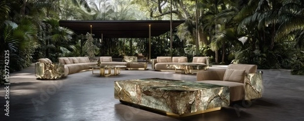 Obraz Luxurious outdoor lounge setting surrounded by lush greenery tropical oasis furniture design relaxation elevated perspective