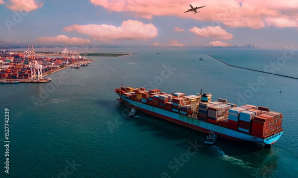 Fototapeta Aerial view of Business trip with ship the partner connection Container Cargo freight ship for Import Export