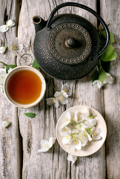 Fototapeta Traditional Cast Iron Teapot White Jasmine