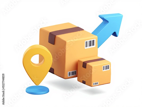 Fototapeta 3D Render of Cardboard Boxes with Location Pin and Upward Arrow, Representing Fast and Reliable Shipping