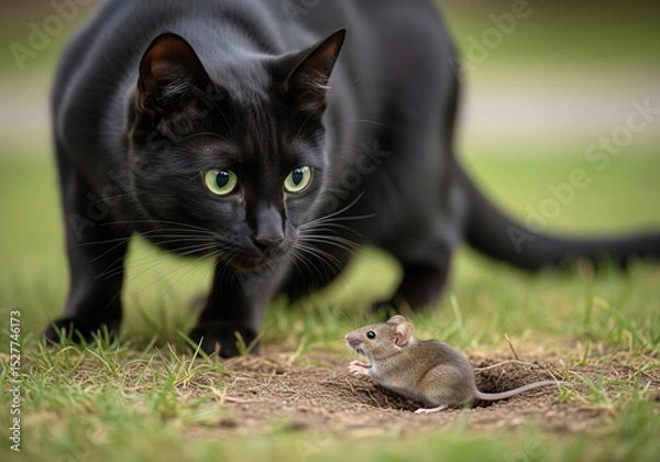 Obraz 
A tense standoff between a sleek black cat with green eyes and a tiny mouse on grassy ground, highlighting predator-prey dynamics.
