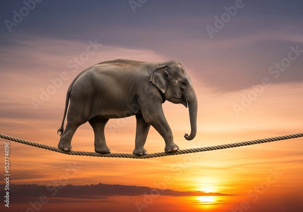 Obraz 
An elephant carefully walks a tightrope against a dramatic sunset, symbolizing balance, challenge, and overcoming obstacles.