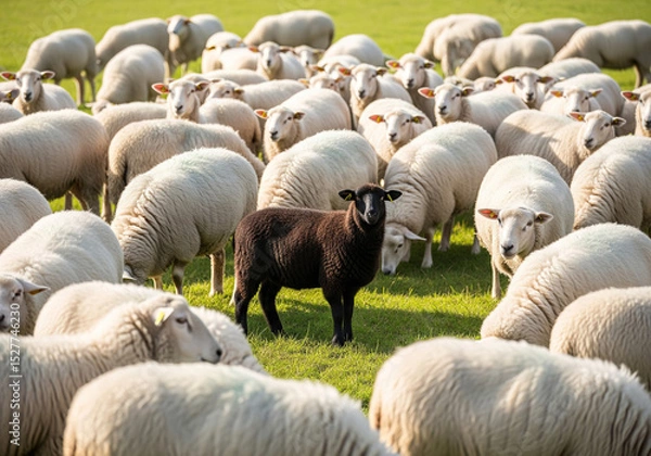 Obraz .A striking black sheep stands out in a flock of white sheep on a vibrant green pasture, embodying individuality and uniqueness.