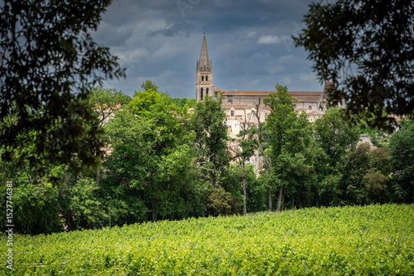 Obraz Lush green vines stretch across the vineyard in Saint-Emilion, with a distant church steeple peeking through the trees under an overcast sky, creating a serene landscape.