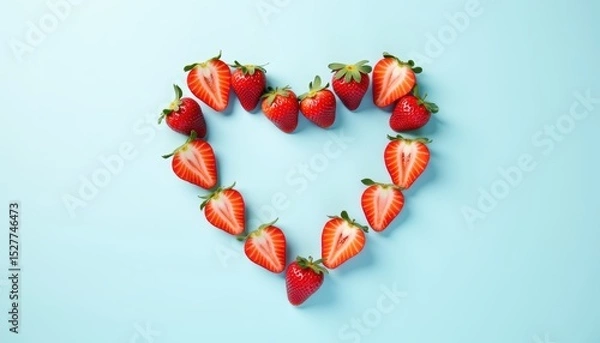 Fototapeta Fresh Strawberries Arranged in Heart Shape on Light Blue Background for Romantic Occasions