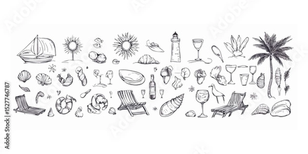 Fototapeta Hand-drawn monochrome collection of summer beach and seaside elements